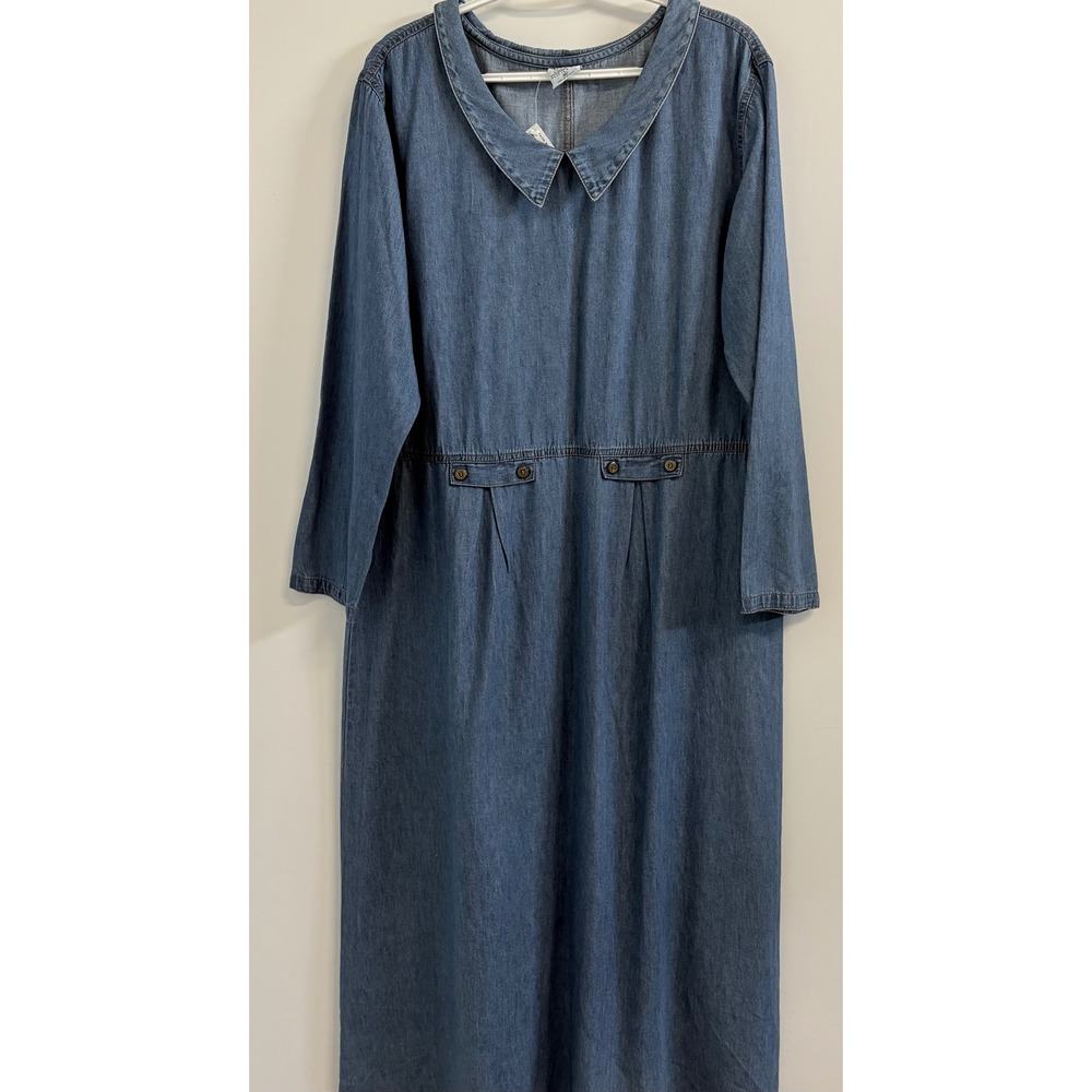 CMC Color Me Cotton Denim Maxi Dress Blue Peter Pan Collar Vintage XL USA Made